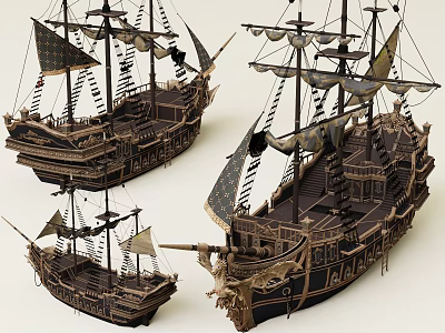 Vintage Sailing Ship Models with Wooden Structure Multiple Masts and Detailed Sails 3d model