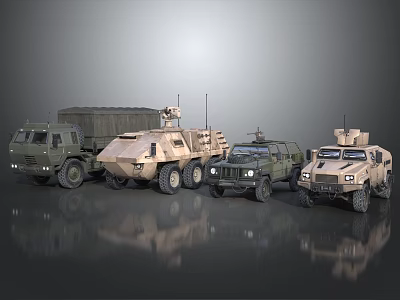 Military Vehicles Collection Featuring Trucks Armored Cars Camouflage Paint And Antennas 3d model