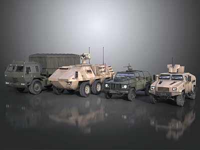 Military Vehicles Collection Featuring Trucks Armored Cars Camouflage Paint And Antennas 3d model