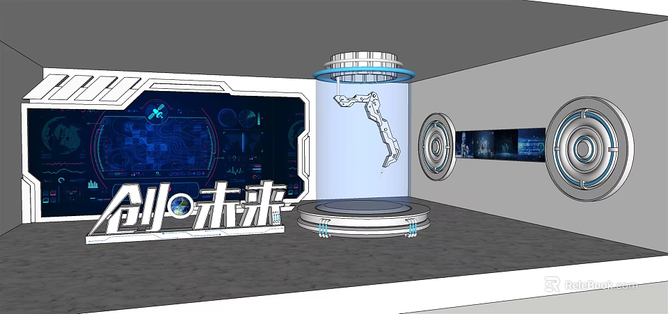 Futuristic Tech Exhibition Space With Robotic Arm And Blue Digital Interface Screens 3d model 