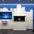 Tech Exhibition Hall Featuring Large Interactive Screen Digital Interface City Silhouette And 3D Globe 3d model