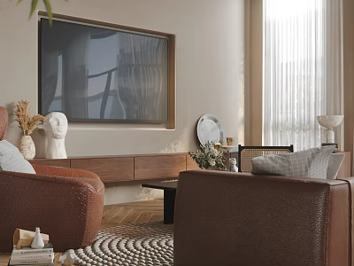 Modern Cozy Living Dining Room Interior With Brown Sofas TV Stand And Curtains 3d model