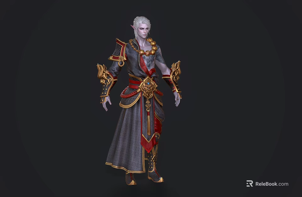 Game and Movie Character With White Hair Golden Ornaments Dark Robe And Red Sash 3d model 