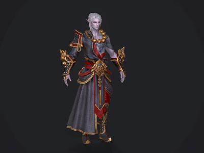 Game and Movie Character With White Hair Golden Ornaments Dark Robe And Red Sash 3d model