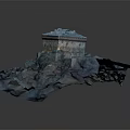 Square Building Model On Undulating Terrain With Blue Roof And Light Exterior