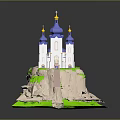 Cartoon Scene With Blue Domes Building Golden Spires Green Accents On Cliff And Pink Bridge