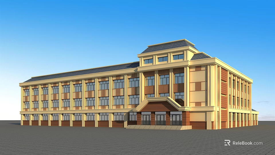 Modern Office Building With Yellow Brown Facade Large Windows And Spacious Front Square 3d model