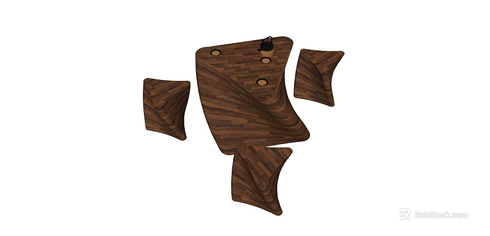 Wooden Tea Table And Chairs With Curved Design And Natural Wood Grain 3d model 