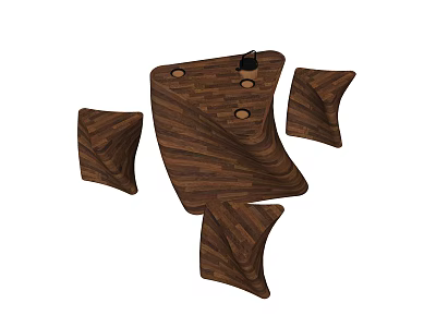 Wooden Tea Table And Chairs With Curved Design And Natural Wood Grain 3d model