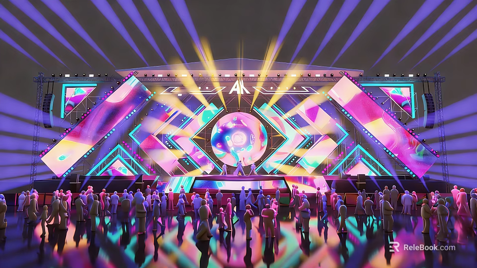 Colorful Stage With Disco Ball Modern Geometric Decorations And Vibrant Lights 3d model 