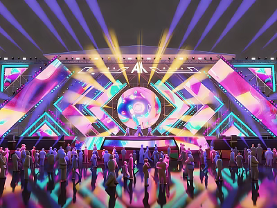 Colorful Stage With Disco Ball Modern Geometric Decorations And Vibrant Lights 3d model