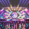 Colorful Stage With Disco Ball Modern Geometric Decorations And Vibrant Lights