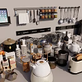 Stylish Kitchen Utensils Display on Countertop with Pots Pans Spices and Appliances