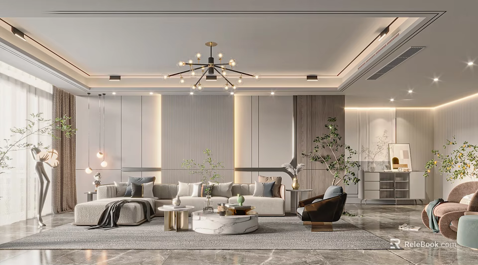 Modern Luxury Living Room Interior Design With Chandelier Sofa Coffee Table And Marble Accent Wall 3d model 
