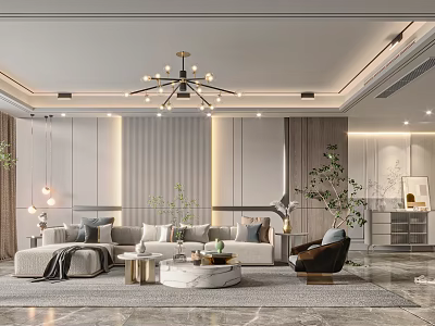 Modern Luxury Living Room Interior Design With Chandelier Sofa Coffee Table And Marble Accent Wall 3d model