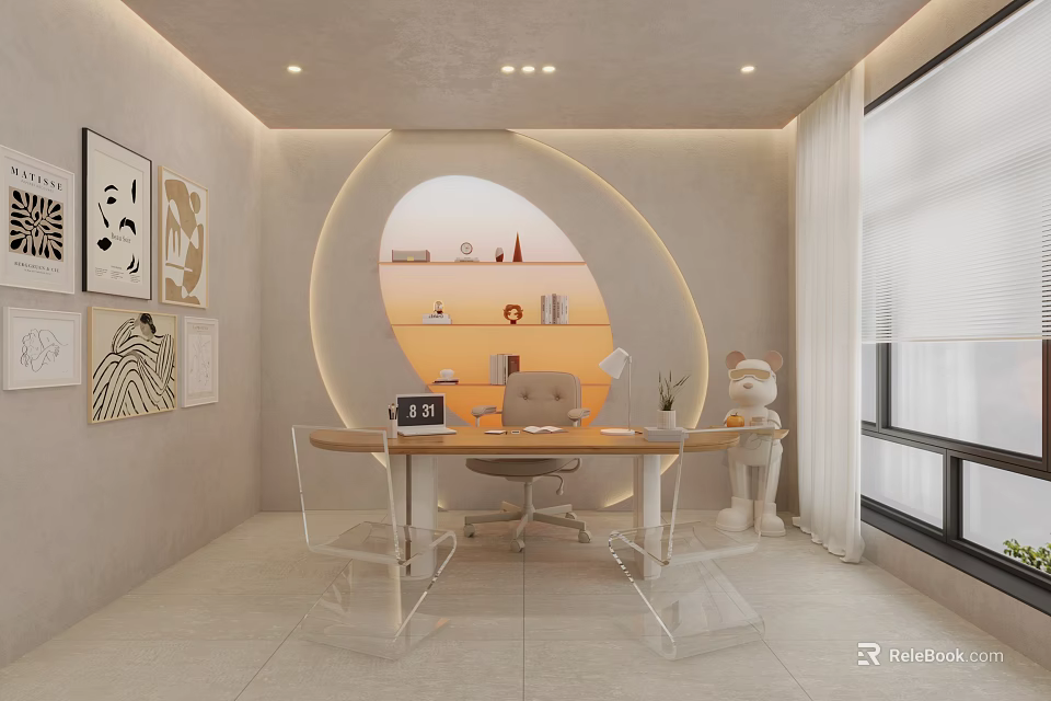 Modern Office Interior With Arched Display Shelf Wooden Desk Transparent Chairs And Decorative Paintings 3d model 