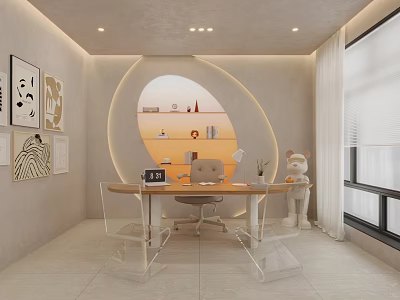 Modern Office Interior With Arched Display Shelf Wooden Desk Transparent Chairs And Decorative Paintings 3d model