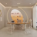 Modern Office Interior With Arched Display Shelf Wooden Desk Transparent Chairs And Decorative Paintings