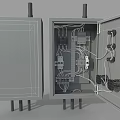 Industrial Equipment Cabinets With Warning Sign And Open Door Showing Internal Wiring Components