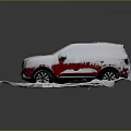 Red SUV Vehicle Covered With Snow On Snowy Ground And Tire Tracks