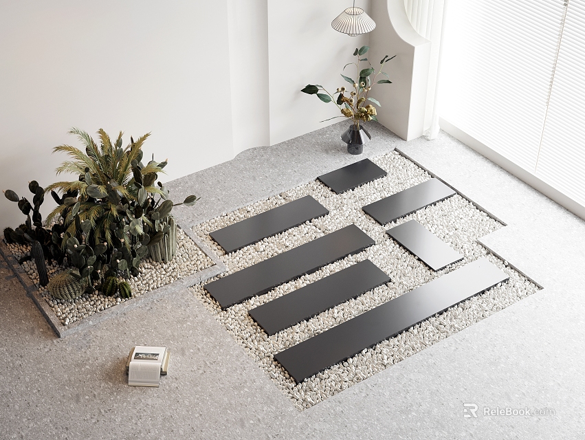 Modern Indoor Stepping Stones Path With Black Slabs White Pebbles And Green Plants 3d model 