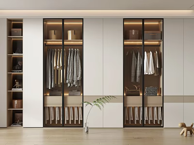Modern Wardrobe Interior Design With Glass Doors Hanging Clothes And Storage Boxes 3d model