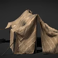 Rustic Striped Cloth Tent Supported By Wooden Poles With Simple Design