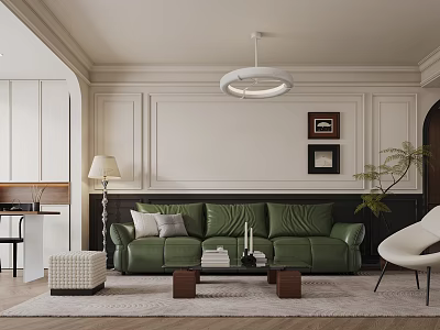 Modern Living Room Interior Design With Green Leather Sofa And Ceiling Pendant Lamp 3d model