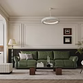 Modern Living Room Interior Design With Green Leather Sofa And Ceiling Pendant Lamp