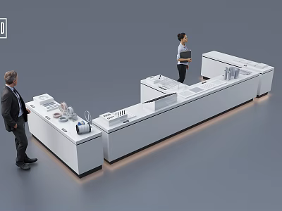 Modern Technology Exhibition Hall With White Display Counters And Visitors Interacting 3d model