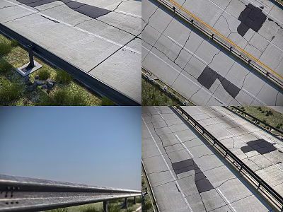 Highway Road Surface Featuring Cracks Patched Areas Lane Markings And Guardrails Alongside 3d model