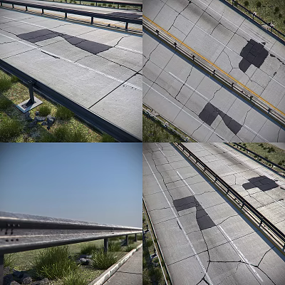 Highway Road Surface Featuring Cracks Patched Areas Lane Markings And Guardrails Alongside 3d model