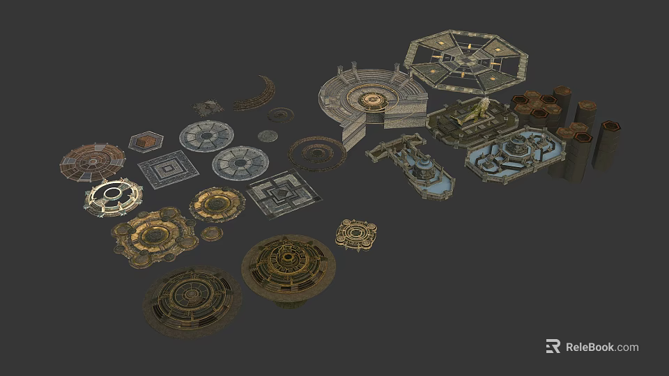 Intricate Scene Components With Mechanical Gears Platforms And Metal Stone Textures 3d model 