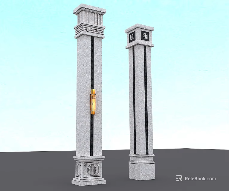 Building Exterior Featuring Gray Stone Pillars With Ornate Top Base And Golden Accent 3d model 