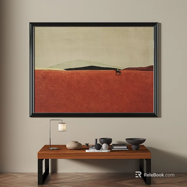 Landscape Painting With Red Foreground Distant Mountains And Black Frame 3d model