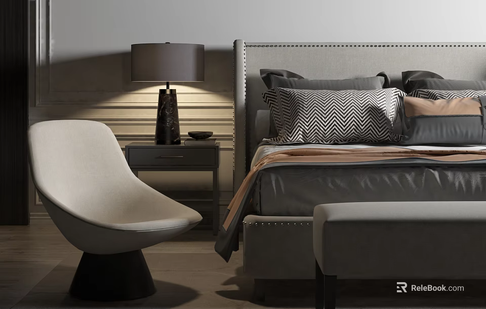 Modern Bedroom Interior With Elegant Double Bed Nightstand Table Lamp Chair And Bench 3d model 