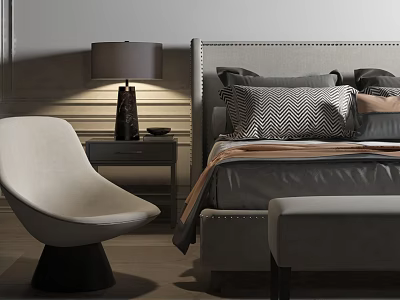 Modern Bedroom Interior With Elegant Double Bed Nightstand Table Lamp Chair And Bench 3d model