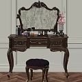 Ornate Vintage Dressing Table With Carved Drawers Mirror Purple Stool And Decorative Items