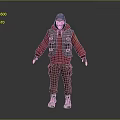 A Man wearing red hoodie gray vest brown pants white shoes blue hat red mask