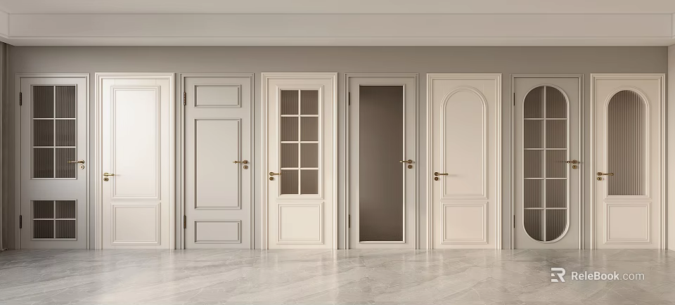 Stylish Hinged Doors With Glass Panels And Decorative Designs In White And Light Gray 3d model 