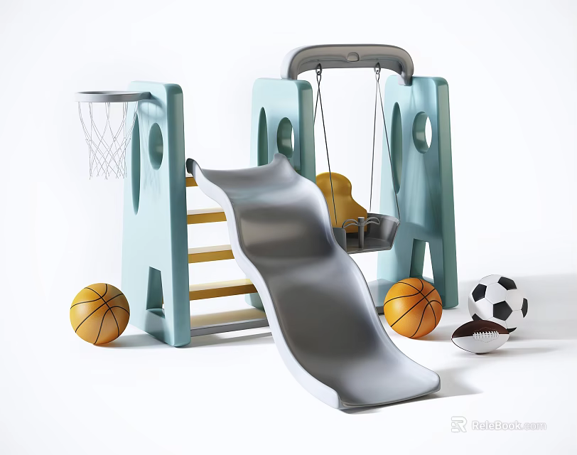 Children's Blue Playground Equipment With Slide Swing Basketballs And Soccer Ball 3d model 
