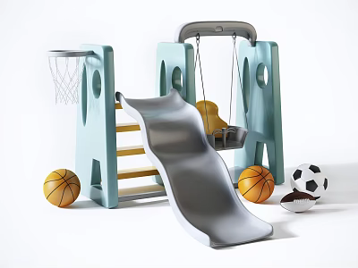 Children's Blue Playground Equipment With Slide Swing Basketballs And Soccer Ball 3d model
