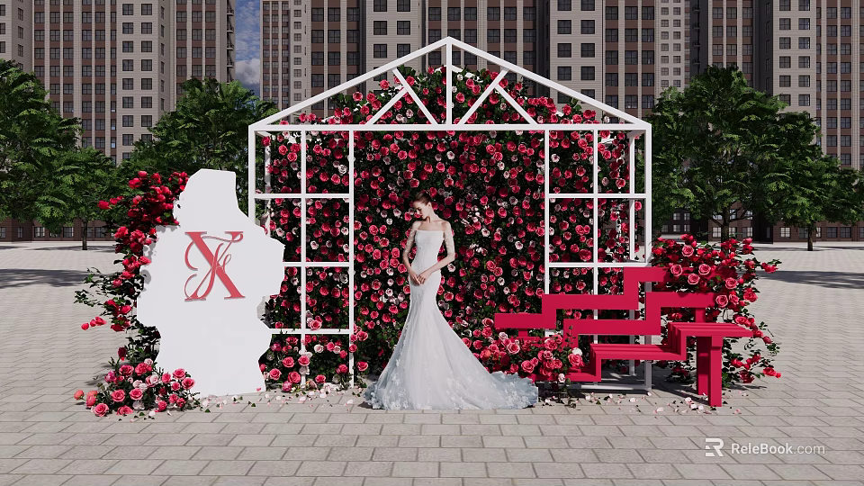 Romantic Outdoor Photo Check-in Spot With Rose Covered Wall White Frame And Red Bench 3d model 
