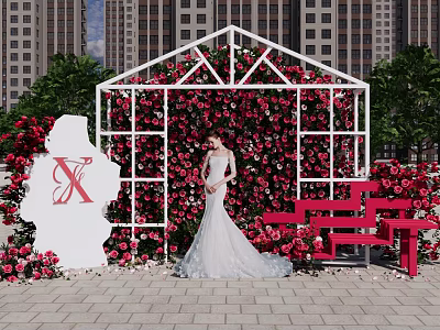 Romantic Outdoor Photo Check-in Spot With Rose Covered Wall White Frame And Red Bench 3d model
