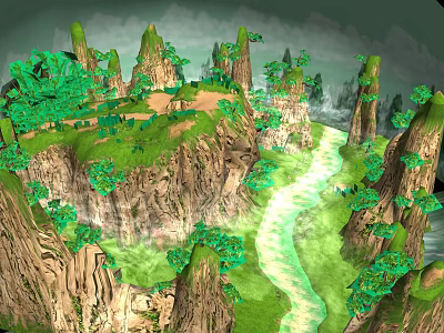 Breathtaking Mountain Landscape With Green Vegetation Winding River And Steep Cliffs 3d model