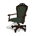 Vintage Wooden Office Chair With Carved Details Green Padded Seat And Swivel Wheels