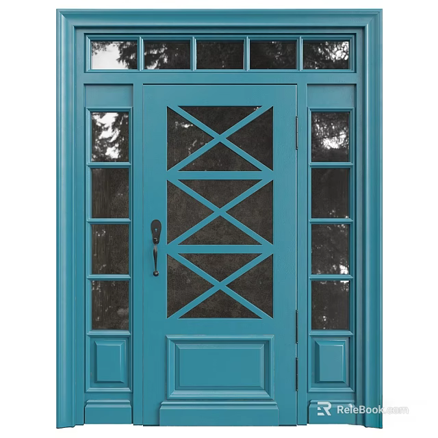 Turquoise Front Door With Cross Pattern Glass Panels And Side Windows 3d model