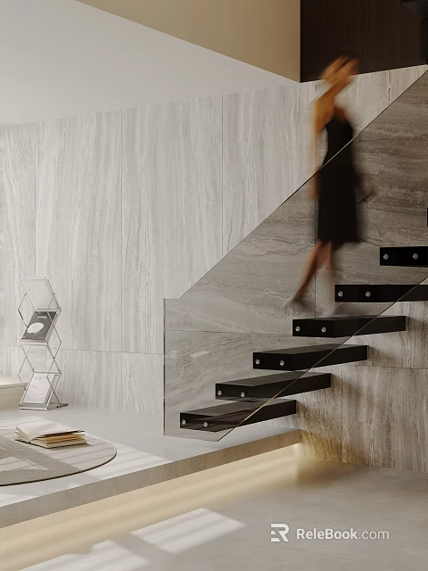 Modern Relaxation Room Interior With Marble Wall Glass Railing Black Steps And Bookshelf 3d model 