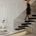 Modern Relaxation Room Interior With Marble Wall Glass Railing Black Steps And Bookshelf
