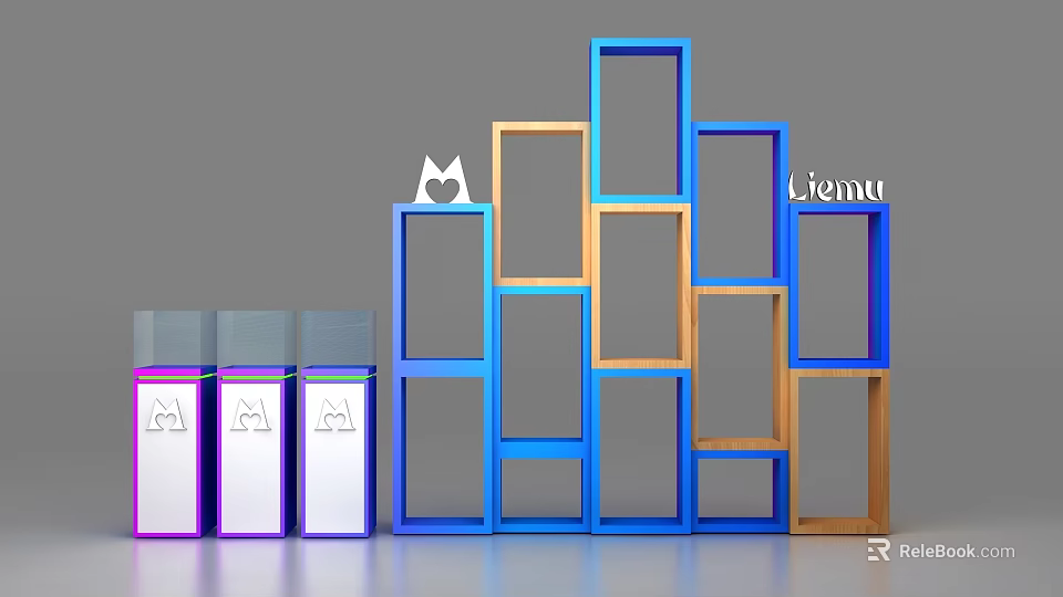 Colorful Display Shelves With Blue Orange Wooden Frames And Multiple Rectangular Compartments 3d model 